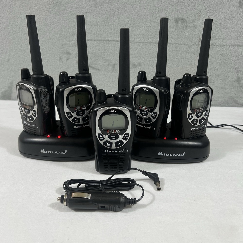 Midland GXT 1000P Walkie Talkies. 6 Walkies/2 Bases/1 Car Charger